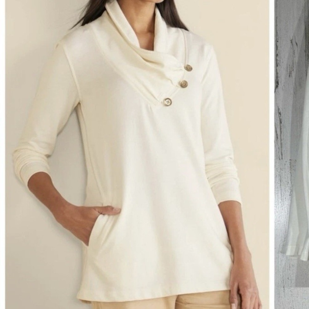 Soft Surroundings Cream Cowl Neck Pullover Sweatshirt Pockets Cotton Blend Sz: S